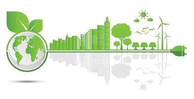 ekologi och miljökoncept jordsymbol med gröna blad runt städer hjälper världen med miljövänliga idéer vektor