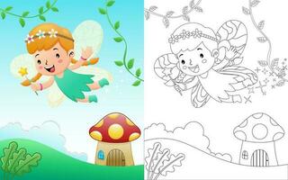 süß Fee Karikatur fliegend auf Szene Hintergrund mit Pilz Haus. Färbung Buch oder Seite vektor