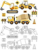 Vektor Illustration von Hand gezeichnet Konstruktion Fahrzeuge mit Konstruktion Zeichen. Färbung Buch oder Seite