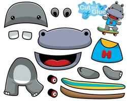 vektor illustration av tecknad serie flodhäst spelar skateboard. Skära ut och limning