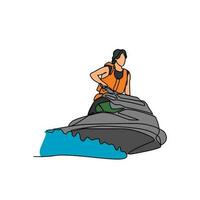 einer kontinuierlich Linie Zeichnung von ein Menschen spielen Jet Ski auf das Meer. Jet Ski Konzept Illustration im einfach linear Stil. Meer sprot Design Konzept Vektor Illustration