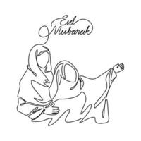 einer kontinuierlich Linie Zeichnung von ein Mutter und Tochter sind haben Spaß während eid Mubarak. eid Mubarak und Ramadan kareem Design Konzept mit einfach linear Stil. eid Mubarak Vektor Design Konzept.