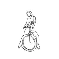 ein Frau verwenden ein Fahrrad im kontinuierlich Linie Kunst Zeichnung Stil. Design mit minimalistisch schwarz linear Design isoliert auf Weiß Hintergrund. Sport Themen Vektor Illustration