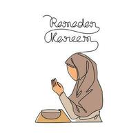 einer kontinuierlich Linie Zeichnung von ein Moslem Frau ist beten während Ramadan Zeit. Moslem beten Design mit einfach linear Stil. Ramadan kareem Design Konzept vektor