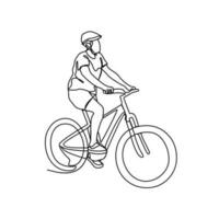 ein Mann Verwendet ein Fahrrad zu gehen zu Arbeit im kontinuierlich Linie Kunst Zeichnung Stil. Design mit minimalistisch schwarz linear Design isoliert auf Weiß Hintergrund. Sport Themen Vektor Illustration