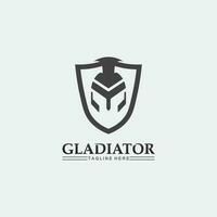 spartanisches Helmlogo und Gladiator, Macht, Vintage, Schwert, Sicherheit, legendäres Logo und Vektor des Soldatenklassikers