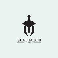 spartansk hjälmlogotyp och gladiator, kraft, vintage, svärd, säkerhet, legendarisk logotyp och vektor av soldatklassiker