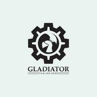 spartanisches Helmlogo und Gladiator, Macht, Vintage, Schwert, Sicherheit, legendäres Logo und Vektor des Soldatenklassikers