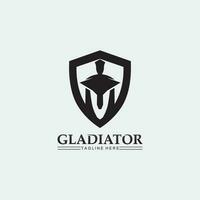 spartanisches Helmlogo und Gladiator, Macht, Vintage, Schwert, Sicherheit, legendäres Logo und Vektor des Soldatenklassikers