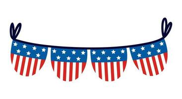 Girlande zum Juli 4., Unabhängigkeit Tag von Amerika. USA Flagge mit Sterne und Streifen. National Urlaub Dekoration auf ein Seil. traditionell patriotisch Zeichen isoliert auf Weiß. Clip Art zum Karten, drucken, Party vektor