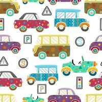 nahtlos Muster Vektor von Hand gezeichnet Autos mit Straße Zeichen im bunt Ornamente