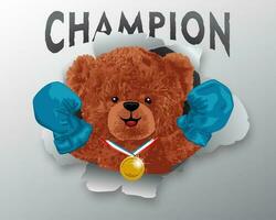 Vektor Illustration von Teddy Bär tragen Boxen Handschuhe mit Gold Medaille erscheint von zerrissen Papier