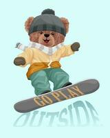 Vektor Illustration von Teddy Bär im Winter Kleidung spielen Snowboard