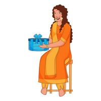 Karikatur Charakter von heiter indisch Mädchen halten Geschenk Box und sitzen auf Schemel. vektor