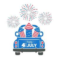 4 juli en lastbil som bär raketer för att skjuta fyrverkerier med amerikanska flaggan på självständighetsdagen vektor