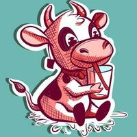 Digital Kunst von ein Karikatur Maskottchen Kuh Trinken Milch mit ein Stroh von ein Glas. Vektor von ein Bauernhof Tier Karikatur halten ein Getränk.