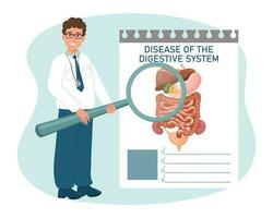 en manlig läkare med en förstorande glas undersöker sjukdomar av de matsmältnings systemet. medicinsk sjukvård begrepp. vektor