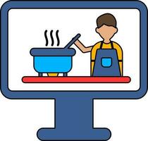 Koch Herstellung Essen im Monitor Bildschirm Symbol zum online Kochen. vektor