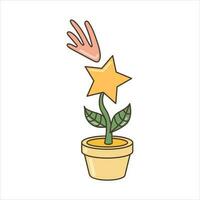 Symbol von ein Star wachsend von ein Stengel im ein Blume Topf. Illustration im Karikatur Stil. 70er Jahre retro Clip Art Vektor Design.