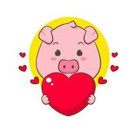 süß Schwein Karikatur Charakter halten Liebe Herz. bezaubernd Tier Konzept Design. isoliert Weiß Hintergrund. Vektor Kunst Illustration.