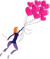 karaktär av kvinna flygande på ballonger. vektor
