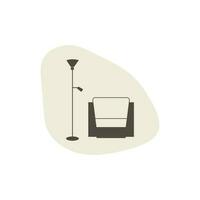 modern Sessel mit Fußboden Lampe. Vektor Symbol im eben Stil. Zuhause Möbel Vektor Symbol auf abstrakt gestalten Hintergrund. Möbel Geschäft Konzept.