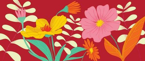 färgrik blommig och botanisk bakgrund vektor. abstrakt tapet av blommor, grenar med konturerad textur. exotisk växter i sommar tona för baner, grafik, dekor, vägg konst. vektor