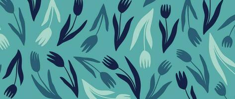 abstrakt botanisch Kunst Hintergrund Vektor. natürlich Hand gezeichnet Muster Design mit Blau Blätter, Tulpe Blume. einfach zeitgenössisch Stil illustriert Design zum Stoff, drucken, Abdeckung, Banner, Hintergrund. vektor