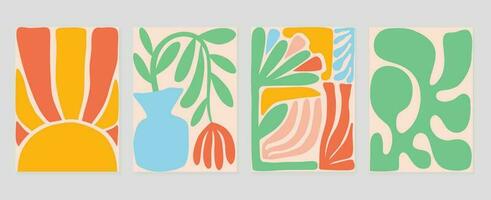 uppsättning av abstrakt omslag bakgrund inspirerad förbi matisse. växter, blad gren, korall, blomma, vas i hand dragen stil. samtida estetisk illustrerade design för vägg konst, dekoration, tapet. vektor