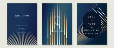 Luxus Hochzeit Einladung Karte Hintergrund Vektor. golden elegant geometrisch Form, Gold Linien auf dunkel Blau Hintergrund. Prämie Design Illustration zum Hochzeit und vip Startseite Vorlage, Banner, Poster. vektor