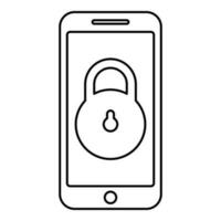 smartphone låsa personlig data säkerhet cyber tillgång begrepp telefon låst mobiltelefon hänglås använda sig av kontur översikt linje ikon svart Färg vektor illustration bild tunn platt stil