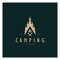 Jahrgang und retro Zelt Logo, Camping. mit Zelt, Baum und Lagerfeuer unterzeichnen. Abenteurer, Pfadfinder, Kletterer, Camping Ausrüstung Center vektor