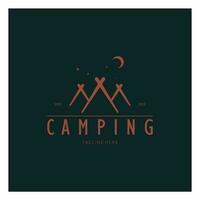 Jahrgang und retro Zelt Logo, Camping. mit Zelt, Baum und Lagerfeuer unterzeichnen. Abenteurer, Pfadfinder, Kletterer, Camping Ausrüstung Center vektor