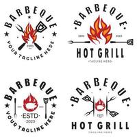 rök och bbq utegrill årgång varm grill, med korsade lågor och spatel. logotyp för restaurang, bricka, Kafé och bar.vector vektor