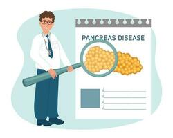 ein männlich Arzt mit ein Vergrößerung Glas untersucht das Krankheiten von das Pankreas, das Verdauungs- System. das Konzept von Wissenschaft und Medizin. Vektor