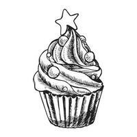 vektor svart och vit skiss illustration av söt krämig ljuv cupcake. kan vara Begagnade för hälsning kort eller fest inbjudningar