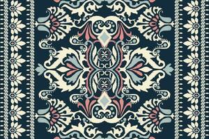 Ikat Blumen- Paisley Stickerei auf Marine Blau hintergrund.ikat ethnisch orientalisch Muster traditionell.aztekisch Stil abstrakt Vektor illustration.design zum textur, stoff, kleidung, verpackung, dekoration, teppich.