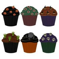 Halloween Cupcake einstellen Kürbis Schädel Augapfel Zombie Hexe Grab vektor