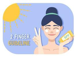 Illustration von Frau zeigt an Wie zu anwenden Sonnenschutz auf das Gesicht im eben Stil. Mädchen hält spf Sahne im ihr Hand und zeigt an zwei Finger mit Creme. Vektor Illustration