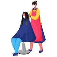 kvinna frisör frisyr eller hår massage av en klient Sammanträde på stol i henne salong och ha på sig skyddande mask. undvika coronavirus. vektor