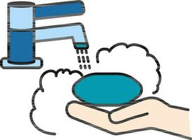 Seife auf Hand mit Waschen Wasserhahn Symbol im eben Stil. vektor