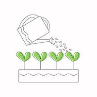 ein Bewässerung dürfen, Wasser und ein Box mit Sämlinge, Sprossen. Pflege von das Pflanzen. Bewässerung, Arbeit im das Garten. Vektor Illustration.
