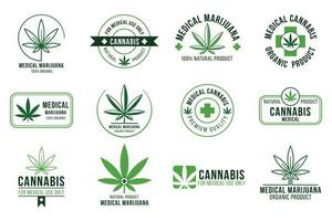 Cannabis Etikett. medizinisch Marihuana Therapie, legal Hanf Pflanze und Droge Pflanzen. Rauchen Gras Abzeichen isoliert Vektor einstellen