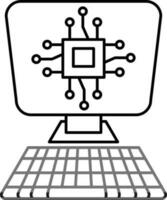 schwarz Linie Kunst Illustration von Mikrochip im Computer Bildschirm und Tastatur Symbol. vektor