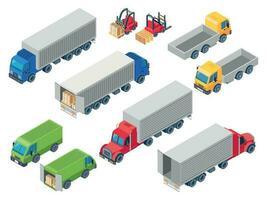 LKW logistisch isometrisch Lastwagen. Wird geladen LKW, Ladung Container Transport LKW und Anhänger Lader. van Autos 3d Vektor Illustration