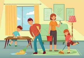 Familie Reinigung Haus. Vater, Mutter und Kinder Reinigung Leben Zimmer zusammen Hausarbeit Karikatur Vektor Illustration