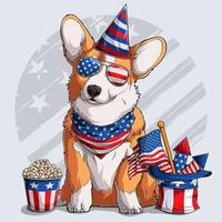 söt walesisk corgi fluffig pembroke hund sitter med amerikanska självständighetsdagen element 4 juli och minnesdagen vektor