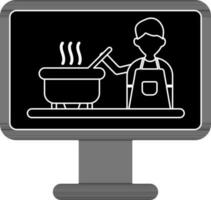 Koch Herstellung Essen im Monitor Bildschirm zum online Kochen Glyphe Symbol. vektor
