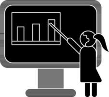 schwarz und Weiß Frau Stock zeigen auf Präsentation Graph Diagramm Monitor Bildschirm Symbol. vektor