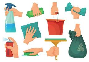 Reinigung Produkte im Hände. Hand halt Waschmittel, Hausarbeit liefert und Aufräumen Lappen Karikatur Vektor Illustration einstellen